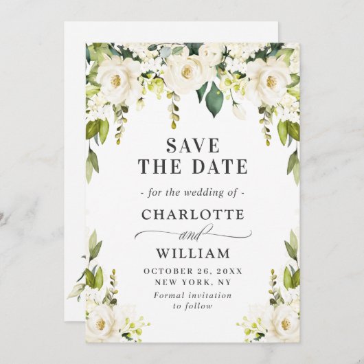 アイボリーエレガントホワイトローゼズグリーンリー結婚ズ セーブザデート (正面/裏面)