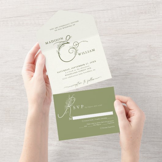 アイボリーエレガントモスグリーンフローラアンパサンド結婚ズ オールインワン招待状 (貼ってはがせる)