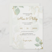 アイボリーオリーブグリーンと金ゴールドエレガントフローラ結婚ズ 招待状 (正面/裏面)