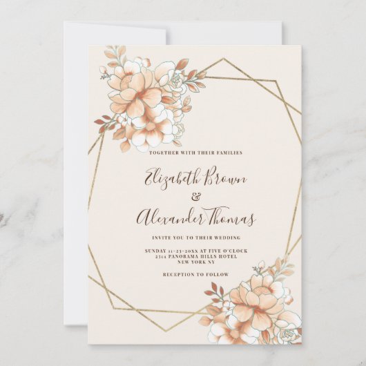 アイボリーオレンジホワイト金ゴールドテラリウム結婚フローラ 招待状 (正面)
