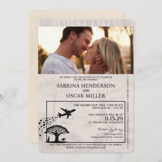 アイボリーオーストラリア・パスポート結婚式招待状 招待状 (正面/裏面)