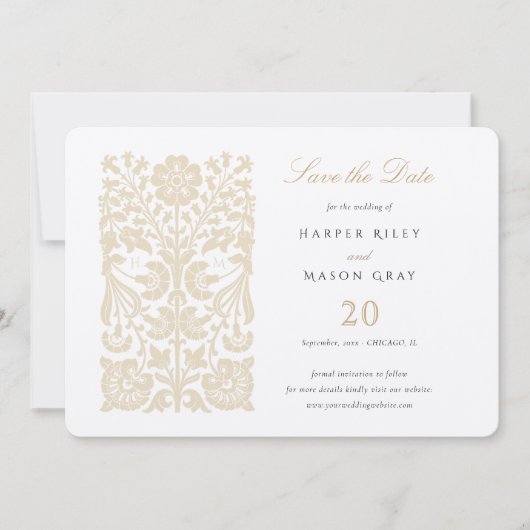 アイボリークラシックフローラのベージュと日付の保存 招待状 (正面)