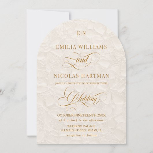 アイボリークラシック金ゴールドモノグラム結婚フローラ 招待状 (正面)