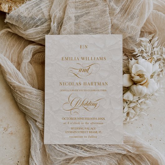 アイボリークラシック金ゴールドモノグラム結婚フローラ 招待状