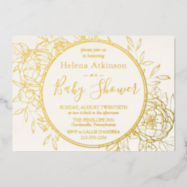 アイボリークリームと金ゴールドモダン牡丹トイレベビーシャワー 箔招待状