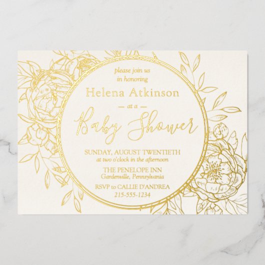 アイボリークリームと金ゴールドモダン牡丹トイレベビーシャワー 箔招待状 (正面)