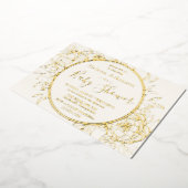 アイボリークリームと金ゴールドモダン牡丹トイレベビーシャワー 箔招待状 (回転した状態)