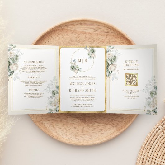 アイボリークリームセージグリーンフローラオールインワン結婚ズ 三つ折り招待状