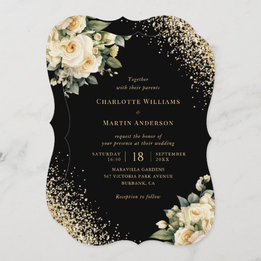 アイボリークリームバラブラック金ゴールド結婚フローラ 招待状 (正面/裏面)
