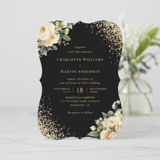アイボリークリームバラブラック金ゴールド結婚フローラ 招待状 (スタンド正面)