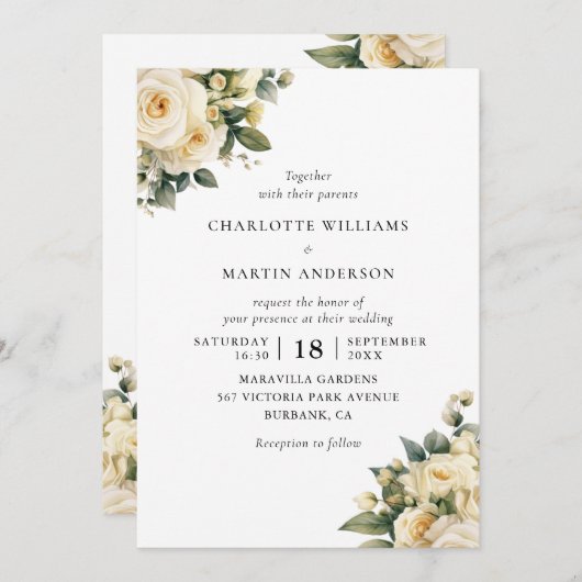 アイボリークリームバラ結婚フローラ 招待状 (正面/裏面)