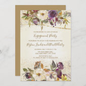アイボリークリームパープルフローラグリッター婚約パーティ 招待状 (正面/裏面)