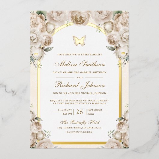 アイボリークリームフローラアーチバタフ結婚ィーズ金ゴールド 箔招待状 (正面)