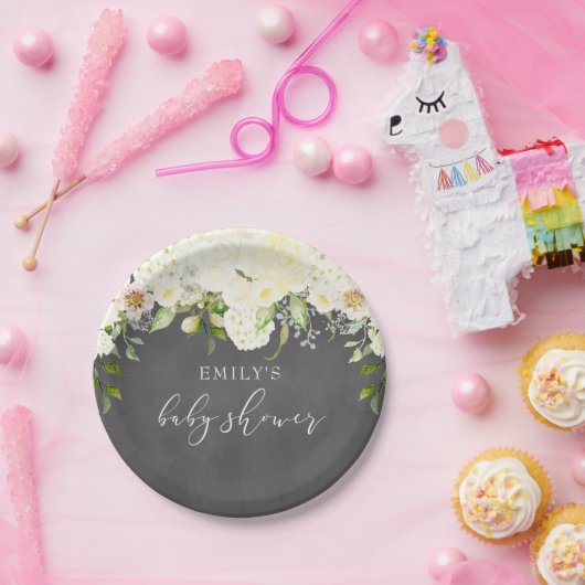 アイボリークリームフローラ緑色黒板ベビーシャワー ペーパープレート (パーティー)