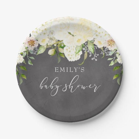 アイボリークリームフローラ緑色黒板ベビーシャワー ペーパープレート (正面)