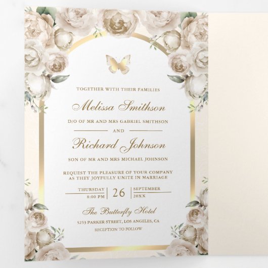 アイボリークリームフローラ金ゴールドアーチバタフライ結婚ズ 三つ折り招待状 (内部最初)
