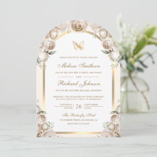 アイボリークリームフローラ金ゴールドアーチバタフライ結婚ズ 招待状 (スタンド正面)