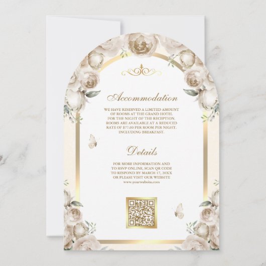 アイボリークリームフローラ金ゴールドアーチムスリム結婚ズ 招待状 (裏面)