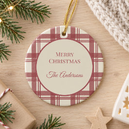 アイボリークリームレッドビンテージタータンチェッククリスマス セラミックオーナメント
