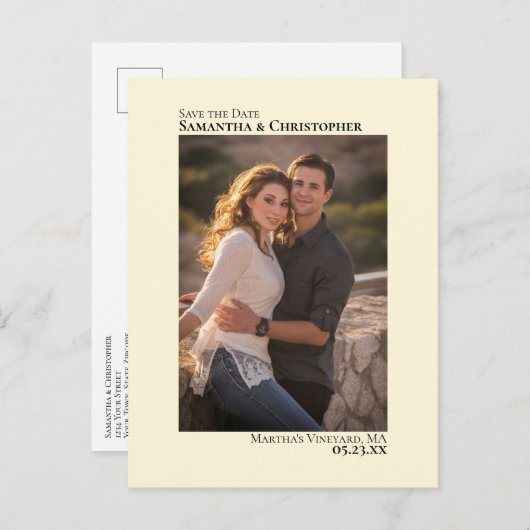 アイボリークリーム結婚ミニマル写真保存日時 案内ポストカード (正面/裏面)