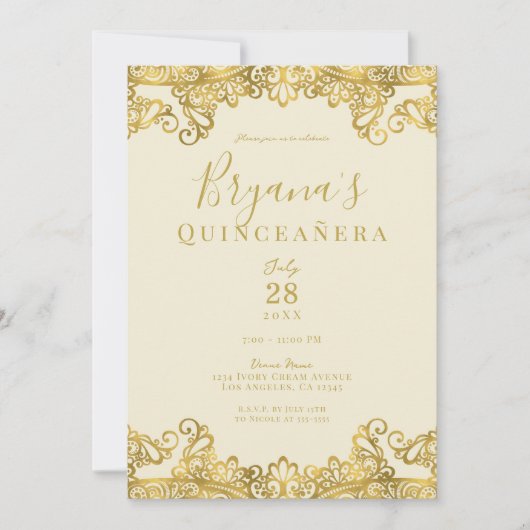 アイボリークリーム金ゴールドレースキエレガントンセアニラパーティー 招待状 (正面)