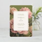 アイボリークリーム | オリーブグリーン ヴィンテージローズのウェディング 招待状 (スタンド正面)
