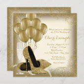 アイボリークリーム&金ゴールドグリッターウーマンバースデーパーティー 招待状 (正面/裏面)