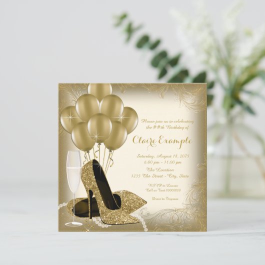 アイボリークリーム&金ゴールドグリッターウーマンバースデーパーティー 招待状 (スタンド正面)