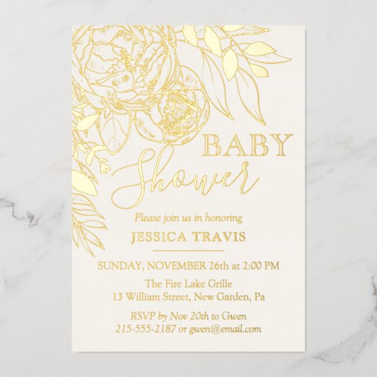 アイボリークリーム&金ゴールドモダンフローラベビーシャワー 箔招待状 (正面)