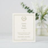 アイボリーグリーンのモノグラムリースのバースデーSave the Date (スタンド正面)