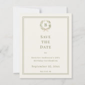 アイボリーグリーンのモノグラムリースのバースデーSave the Date (正面)