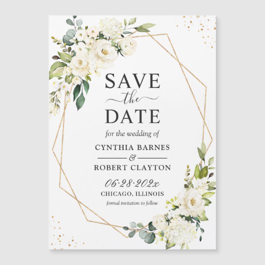 アイボリーグリーンフラワー幾何学セーブザデートマグネット (正面)