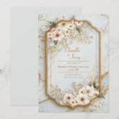 アイボリーコスモスアイスマーブルギルデッドウェディング 招待状 (正面/裏面)