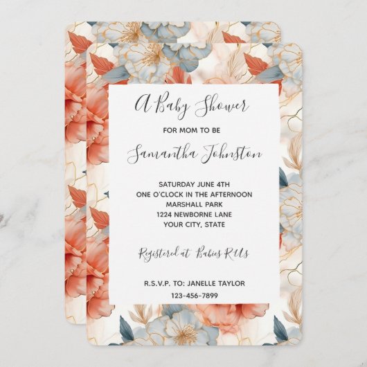 アイボリーコーラルブルーフローラベビーシャワー 招待状 (正面/裏面)