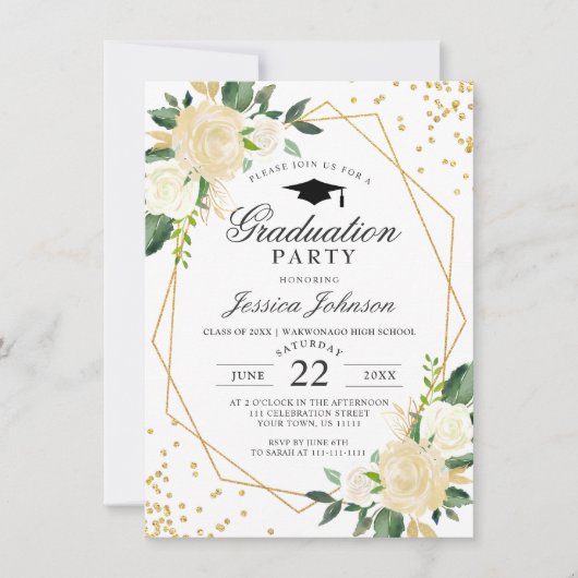 アイボリーゴールデンフローラモダンフレーム卒業パーティー 招待状 (正面)