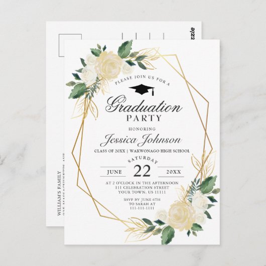 アイボリーゴールデンフローラ卒業パーティー招待状 ポストカード (正面/裏面)