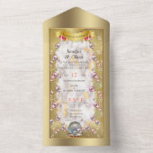アイボリーシルク、金ゴールドレース&パール&マーブル オールインワン招待状 (内側)