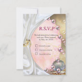 アイボリーシルク、金ゴールドレース&パール&マーブル 出欠カード (正面)