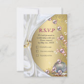 アイボリーシルク、金ゴールドレース&パール&マーブル 出欠カード (正面)