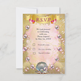 アイボリーシルク、金ゴールドレース&パール&マーブル 出欠カード