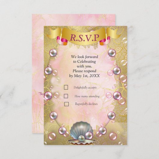 アイボリーシルク、金ゴールドレース&パール&マーブル 出欠カード (正面/裏面)