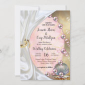 アイボリーシルク、金ゴールドレース&パール&マーブル 招待状 (正面)