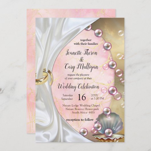 アイボリーシルク、金ゴールドレース&パール&マーブル 招待状 (正面/裏面)