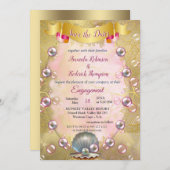 アイボリーシルク、金ゴールドレース&パール&マーブル 招待状 (正面/裏面)