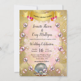 アイボリーシルク、金ゴールドレース&パール&マーブル 招待状