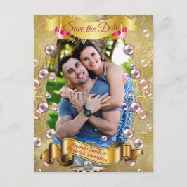 アイボリーシルク、金ゴールドレース&パール&マーブル 案内ポストカード