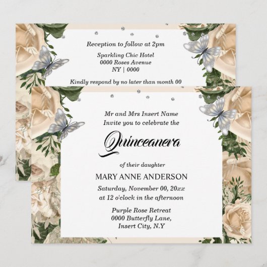 アイボリーシルバー バタフライ エレガント ローズ キンセアニエラ 招待状 (正面/裏面)