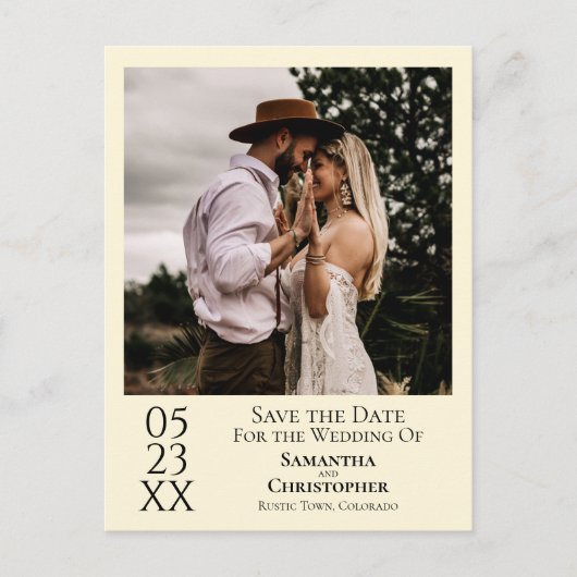 アイボリーシンプルクリームウェディング日付の写真を保存 ポストカード (正面)