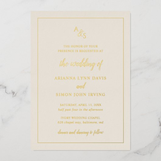 アイボリーシンプルモノグラムエレガフォーマルントウェディング 箔招待状 (正面)