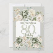 アイボリーセージグリーンの花柄の縁取りの80歳の誕生日の写真 招待状 (裏面)